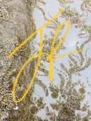 Honey Gold Beaded - Embroidered Floral Design Fancy Sequins Fabric with Beads Sold By The Yard