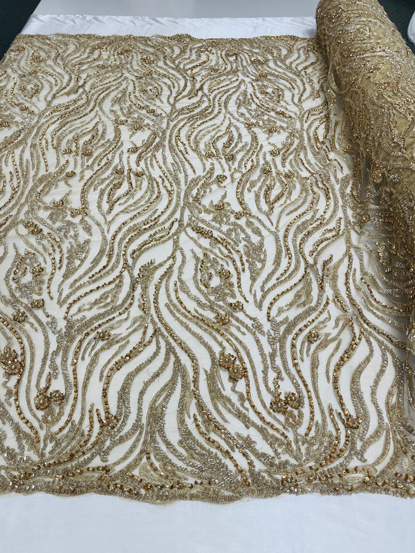 Honey Gold Beaded Fabric - by the yard - Fancy Embroidered Zebra Design with Beads on Mesh Fabric