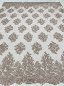 Floral Lace Fabric - Blush on Rose Mesh - Flower Cluster Embroidery Design With Sequins on a Mesh