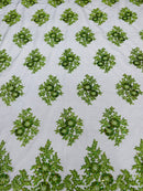Floral Lace Fabric - Green on Black Mesh - Flower Cluster Embroidery Design With Sequins on a Mesh