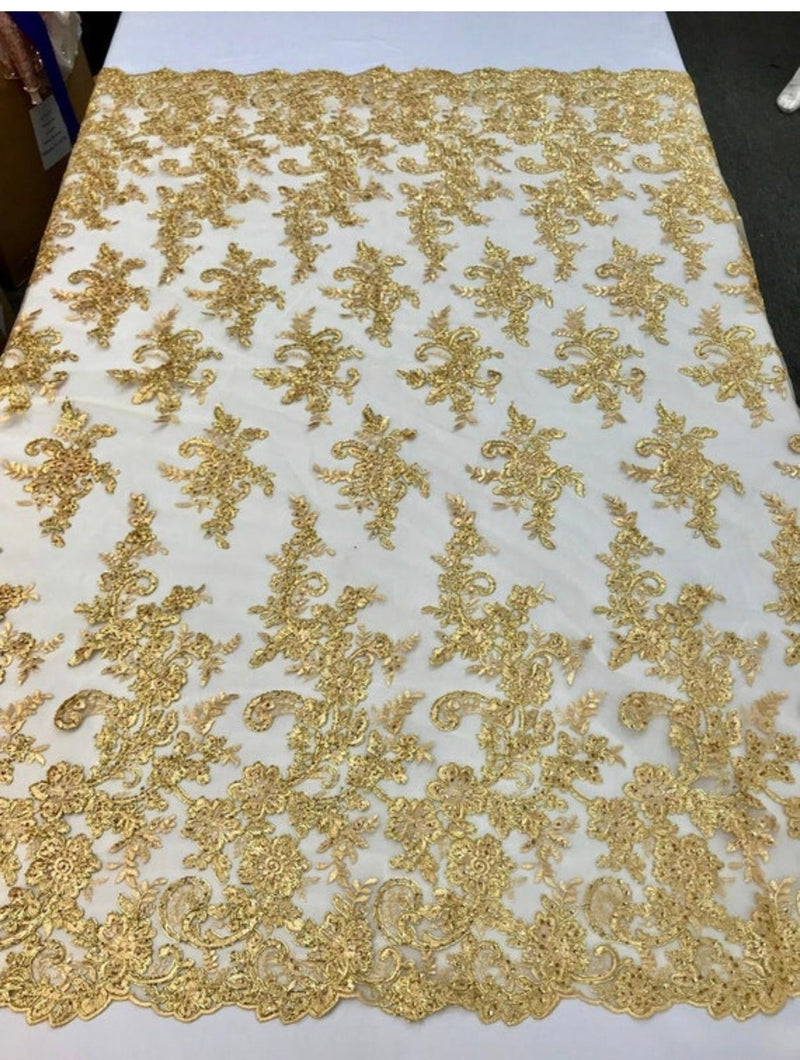 Metallic Gold Lace Fabric - Corded Flower Embroidery With Sequins on Mesh Polyester By The Yard