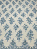 Baby Blue Floral Lace Fabric - by the yard - Corded Flower Embroidery Design With Sequins on a Mesh