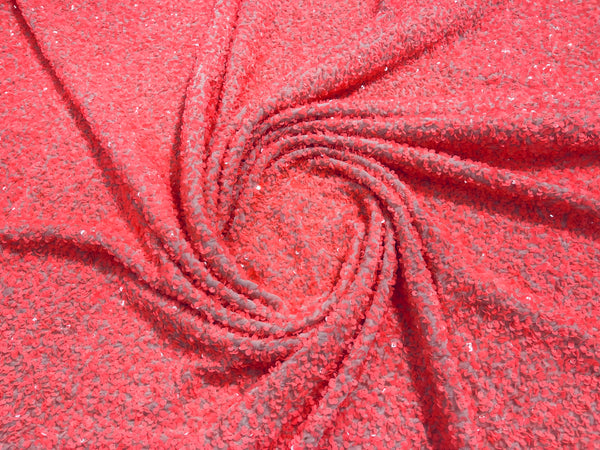 Pink/Coral Sequin Fabric on Blush Stretch Velvet - by the yard - Sequins 2 Way Stretch  58/60”