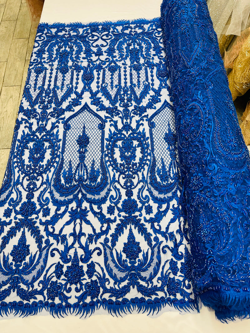 Royal Blue Beaded Damask Fabric - by the yard - Embroidered with Beads and Sequins on Mesh Fabric
