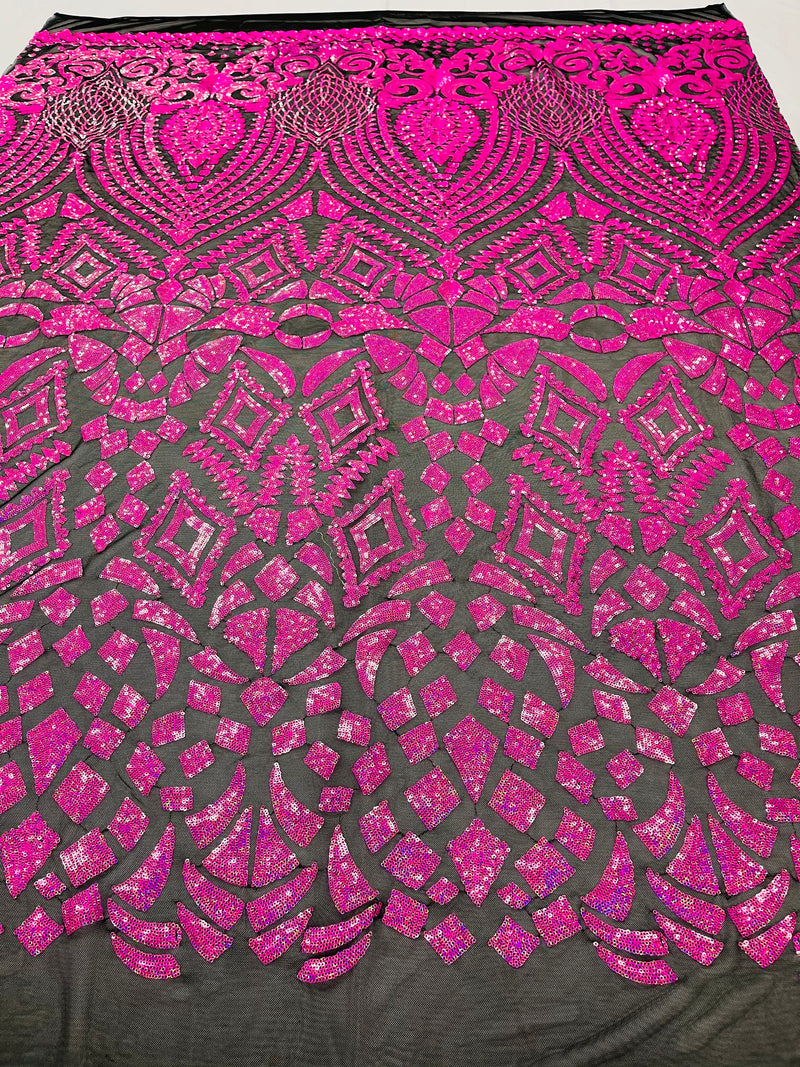 Neón Pink Sequins Fabric On Black Mesh 4 Way Stretch Geometric Design By The Yard