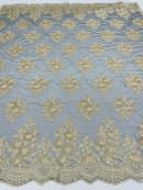 Floral Lace Fabric - Gold on Black Mesh - Flower Cluster Embroidery Design With Sequins on a Mesh