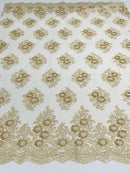 Floral Lace Fabric - Champagne - Flower Cluster Embroidery Design With Sequins on a Mesh