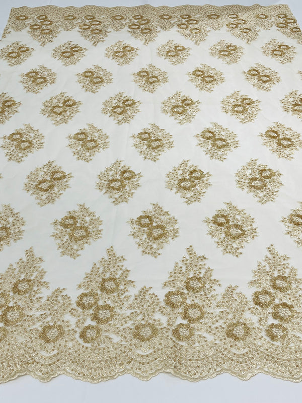 Floral Lace Fabric - Champagne - Flower Cluster Embroidery Design With Sequins on a Mesh