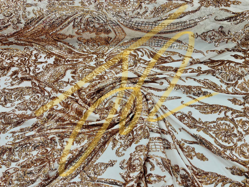 Big Damask Sequins Fabric - Champagne - 4 Way Stretch Damask Sequins Design Fabric By Yard