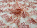 Lt Coral Floral Lace Fabric - by the yard - Corded Flower Embroidery Design With Sequins on a Mesh