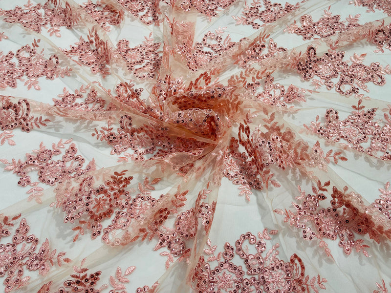 Lt Coral Floral Lace Fabric - by the yard - Corded Flower Embroidery Design With Sequins on a Mesh