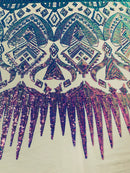 Lavender/Purple Iridescent Sequin Fabric, by the yard - Nude Mesh 4 Way Stretch Aztec Design