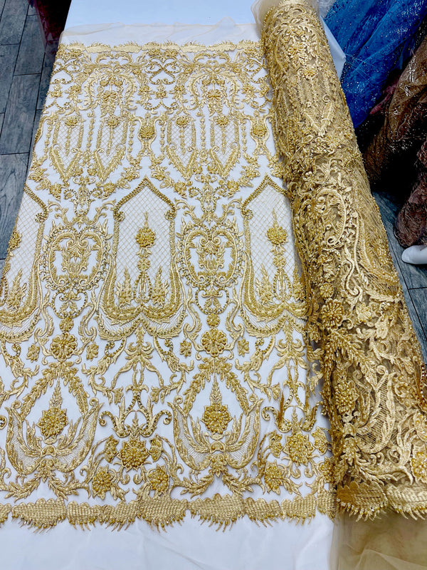 Gold Beaded Damask Fabric - by the yard - Embroidered with Beads and Sequins on Mesh Fabric