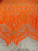 Orange Sequin Fabric - 4 Way Stretch Embroidered Royalty Sequins Design Fabric By Yard