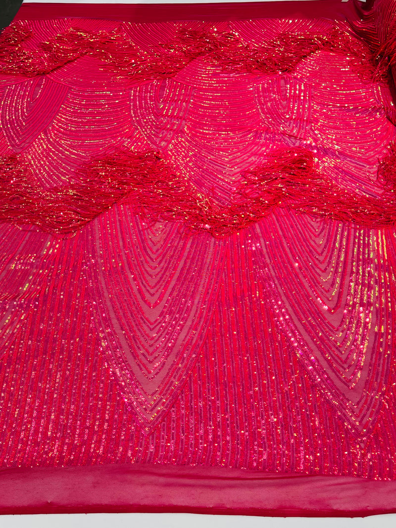 Hot Pink Fringe Sequins - Dangle 4 Way Stretch Fancy Sequins Fabric Sold By The Yard