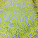 4 Way Stretch Damask Design Yellow Sequins Fabric On NUDE Mesh By Yard