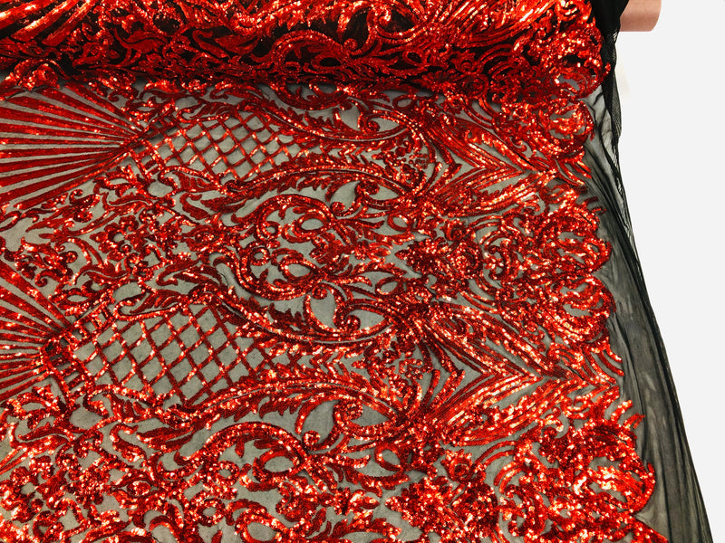 Red Sequins On Black Mesh 4 Way Stretch Damask Design Fabric On Stretch Mesh By The Yard