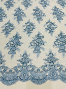 Baby Blue Floral Lace Fabric - by the yard - Corded Flower Embroidery Design With Sequins on a Mesh