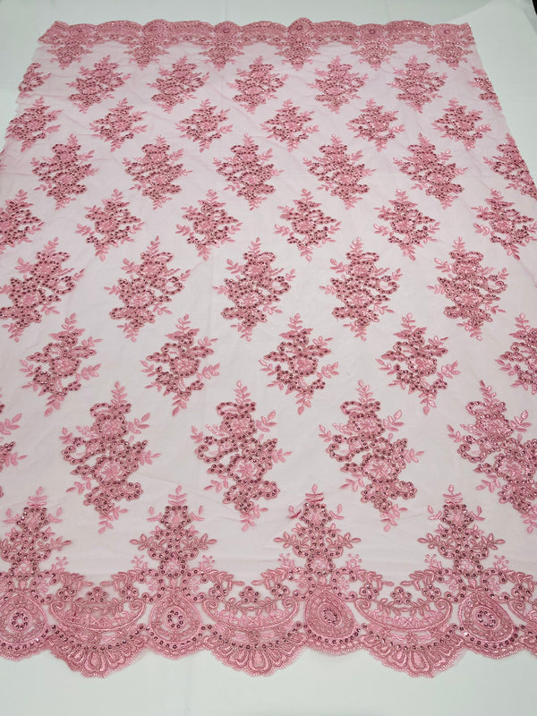 Candy Pink Floral Lace Fabric - by the yard - Corded Flower Embroidery Design With Sequins on a Mesh