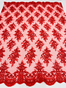 Red Floral Lace Fabric - by the yard - Corded Flower Embroidery Design With Sequins on a Mesh