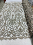 Silver Beaded Damask Fabric - by the yard - Embroidered with Beads and Sequins on Mesh Fabric