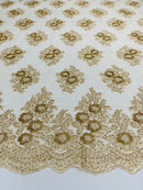 Floral Lace Fabric - Champagne - Flower Cluster Embroidery Design With Sequins on a Mesh