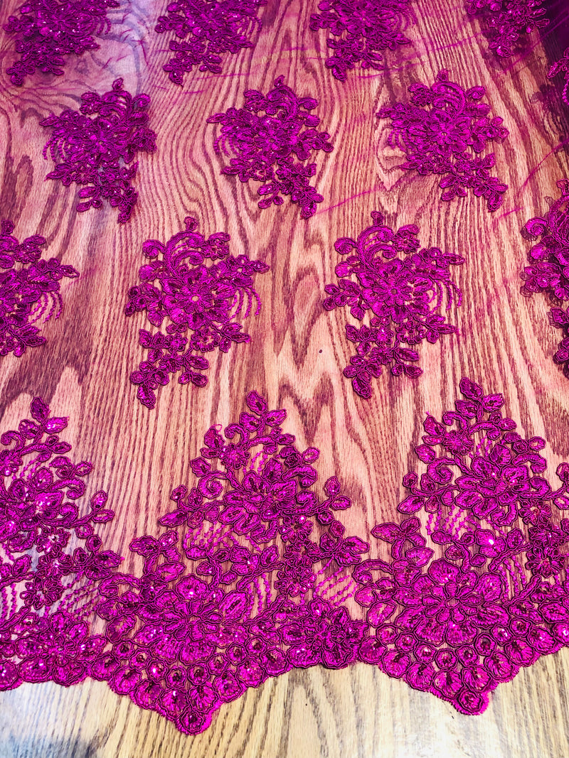Embroidered Flower Lace - Fuchsia - Corded Floral Lace With Sequins Sold By Yard