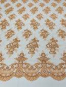 Peach Floral Lace Fabric - by the yard - Corded Flower Embroidery Design With Sequins