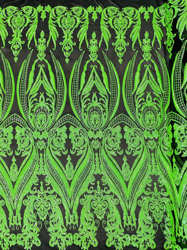 Big Damask Sequins Fabric - Neon Green / Black - 4 Way Stretch Damask Sequins Design Fabric By Yard