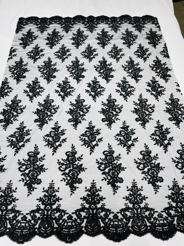 Black Floral Lace Fabric - by the yard - Corded Flower Embroidery Design With Sequins on a Mesh