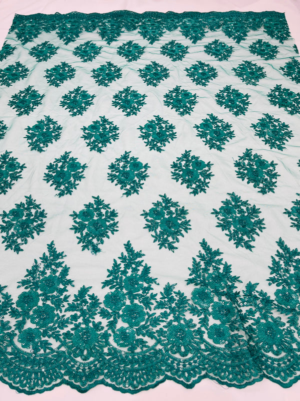 Floral Lace Fabric - Teal Green - Flower Cluster Embroidery Design With Sequins on a Mesh