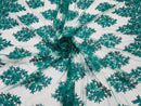 Floral Lace Fabric - Teal Green - Flower Cluster Embroidery Design With Sequins on a Mesh