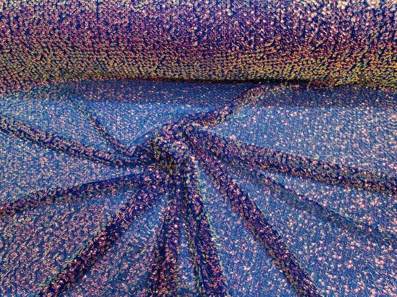 New Iridescent Clear Sequin Fabric Embroidery On Royal Blue Power Mesh 4Way Stretch Sequins By The Yard