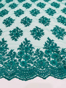 Floral Lace Fabric - Teal Green - Flower Cluster Embroidery Design With Sequins on a Mesh