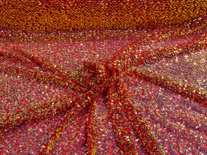 New Iridescent Clear Sequin Fabric Embroidery On Red Power Mesh 4Way S