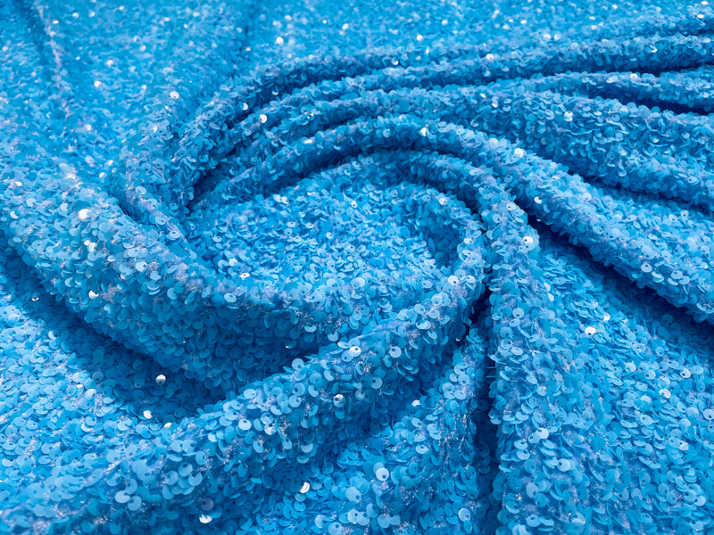 Aqua Blue Sequin Fabric on Stretch Velvet - by the yard - Sequins 2 Way Stretch 58/60”