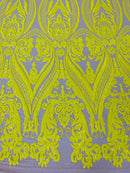 Big Damask Sequins Fabric - Yellow on Nude - 4 Way Stretch Damask Sequins Design Fabric By Yard