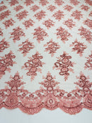 Lt Coral Floral Lace Fabric - by the yard - Corded Flower Embroidery Design With Sequins on a Mesh