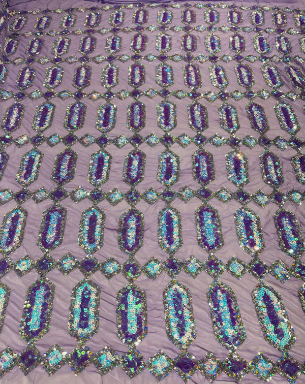 Geometric Stretch Sequin - Lilac Iridescent - Fancy Gem Design on Mesh By Yard