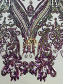 Big Damask Sequins Fabric - Purple Iridescent - 4 Way Stretch Damask Sequins Design Fabric By Yard