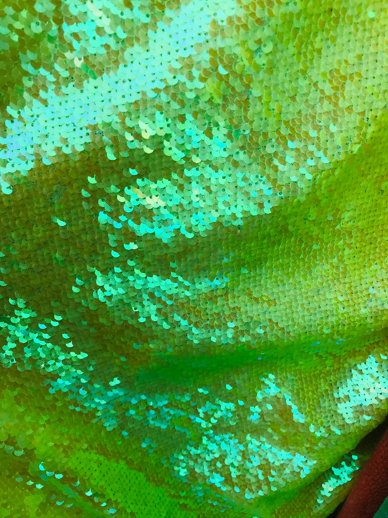 Iridescent Yellow/Mate Yellow Flip Up Sequins Reversible - Mermaid Sequins Spandex Fabric By Yard