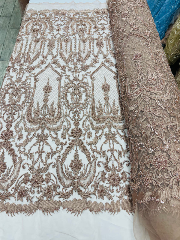 Rose Nude Beaded Damask Fabric - by the yard - Embroidered with Beads and Sequins on Mesh Fabric