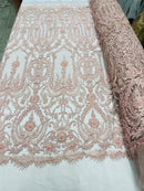 Blush Pink Beaded Damask Fabric - by the yard - Embroidered with Beads and Sequins on Mesh Fabric