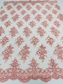 Lt Coral Floral Lace Fabric - by the yard - Corded Flower Embroidery Design With Sequins on a Mesh