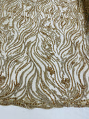 Honey Gold Beaded Fabric - by the yard - Fancy Embroidered Zebra Design with Beads on Mesh Fabric