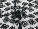 Floral Lace Fabric - Black - Flower Cluster Embroidery Design With Sequins on a Mesh