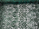 Hunter Green Sequin Fabric On a Mesh 4 Way Stretch Damask Design By The Yard