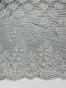 Floral Lace Fabric - Silver on Black Mesh - Flower Cluster Embroidery Design With Sequins on a Mesh