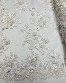 Of White Flower 3D Fabric - by the Yard - Embroided Fabric Flower Pearls and Beaded Fabric