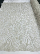 Off White Beaded Fabric - by the yard - Fancy Embroidered Zebra Design with Beads on Mesh Fabric